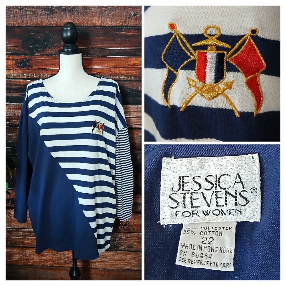 Jessica Stevens Vintage 90s Top Plus Size 22 Nautical Navy Blue White Striped